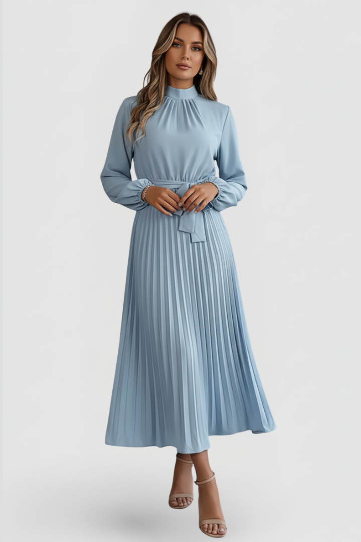 Light blue women's pleated mock neck midi dress, ideal for wedding guests & cocktail parties.