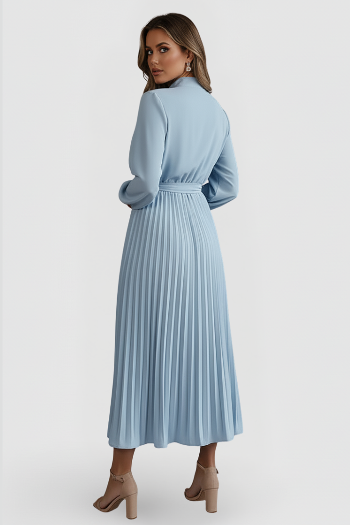 Chic pink pleated mock neck midi dress for women, stylish wedding guest attire & parties.