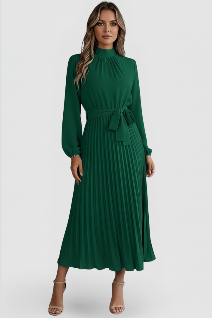 Khaki women's elegant pleated mock neck midi dress, versatile for wedding guests, parties, evening wear.