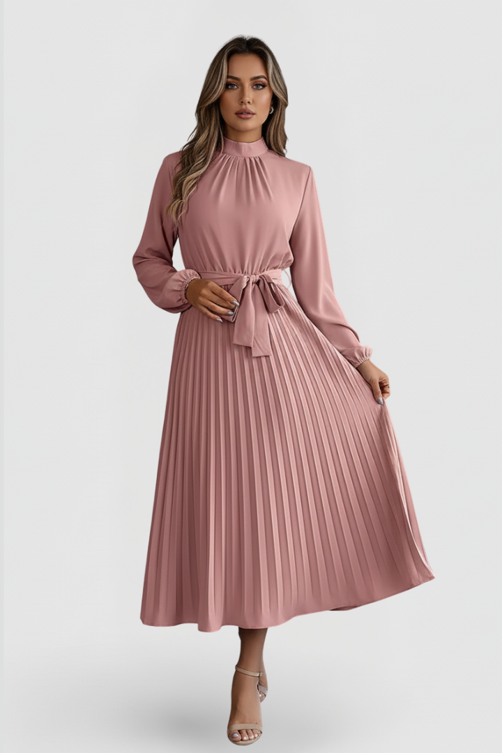 Women's elegant pleated mock neck midi dress, a stunning choice for any wedding guest or formal event.