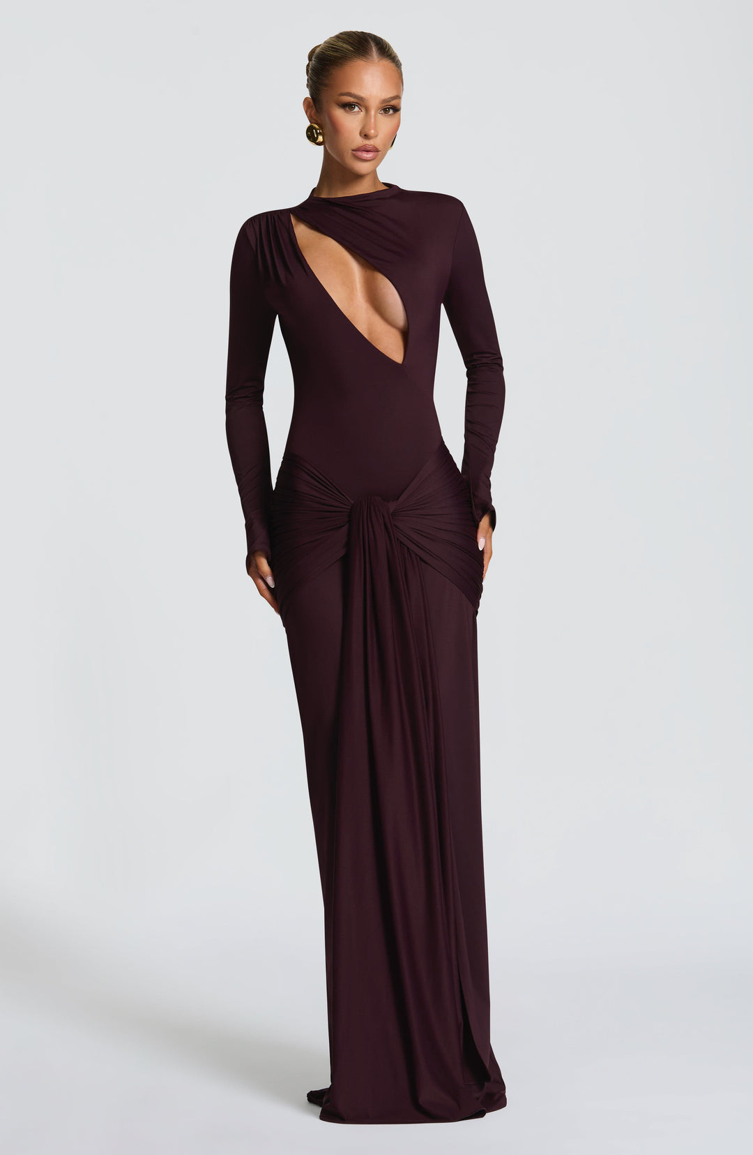 Elegant plum V-neck maxi dress for women, perfect for sophisticated evenings & formal occasions.