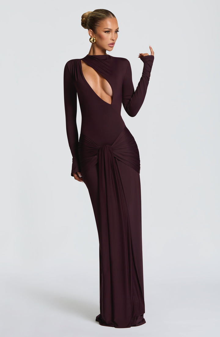 Flowing plum maxi dress, V-neck, elegant women's formal party wear for special occasions.