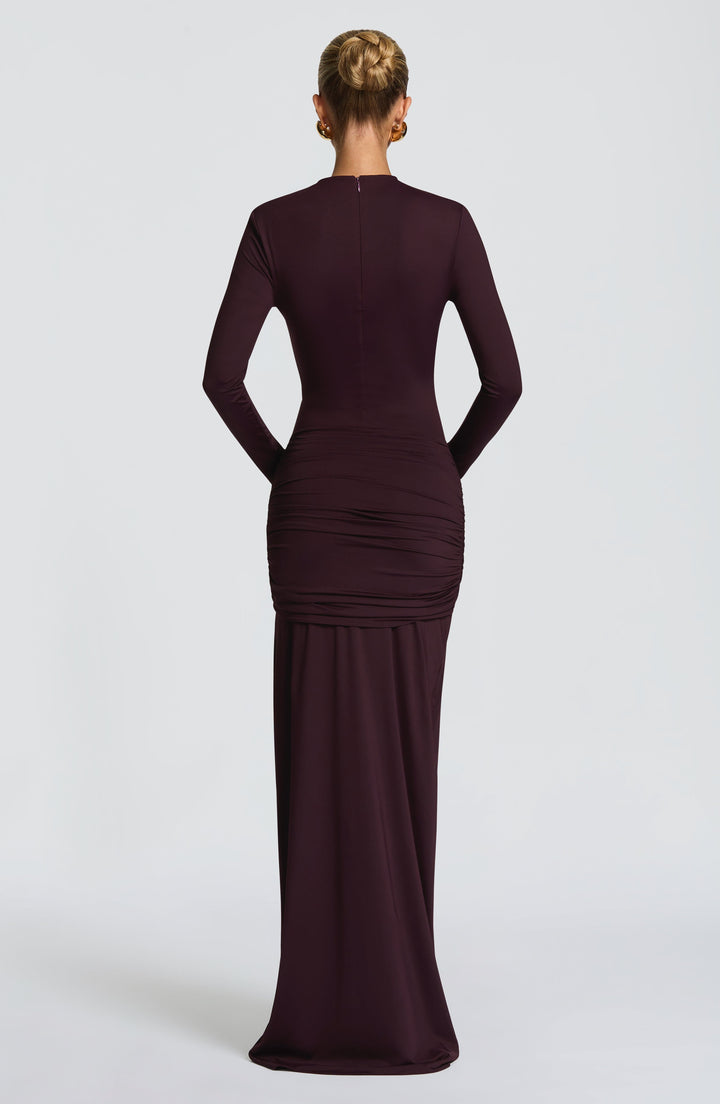Chic plum occasion wear maxi dress, V-neck, flattering for women's elegant evening events.
