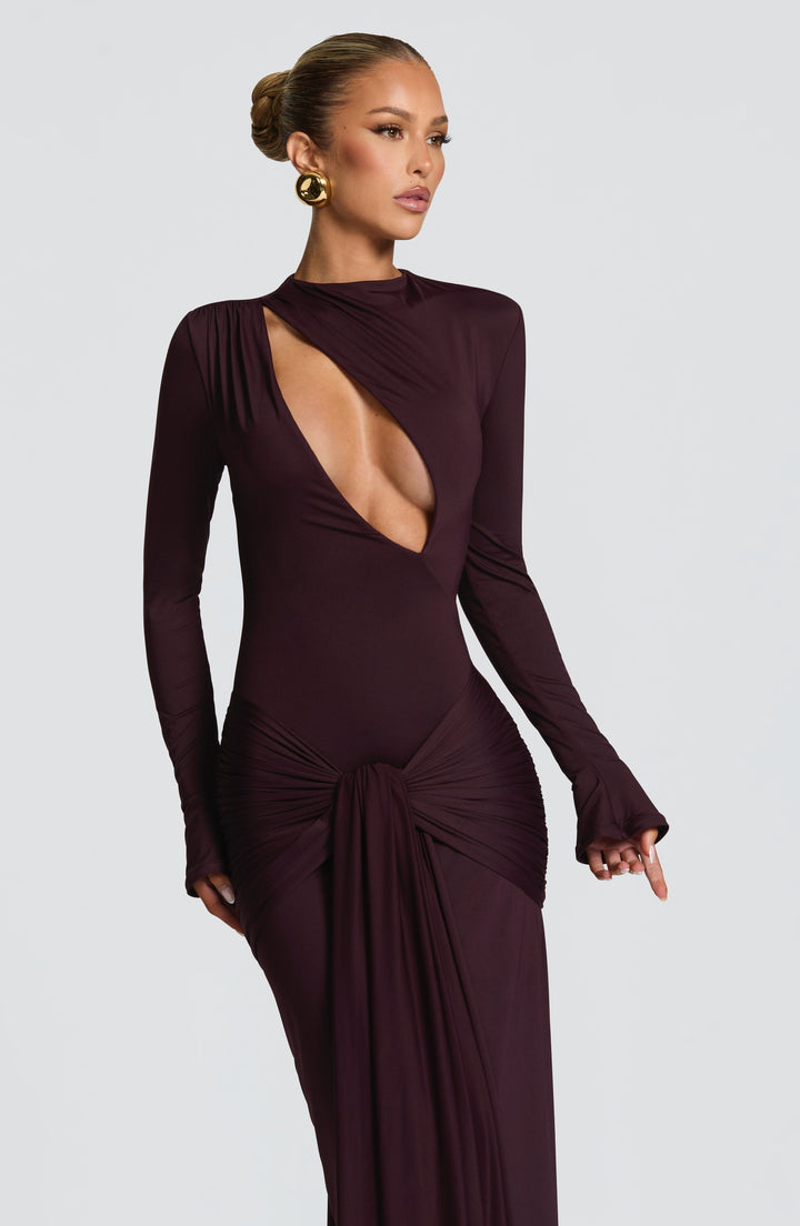 Sophisticated women's plum maxi gown, V-neck, perfect as a formal evening or party dress.