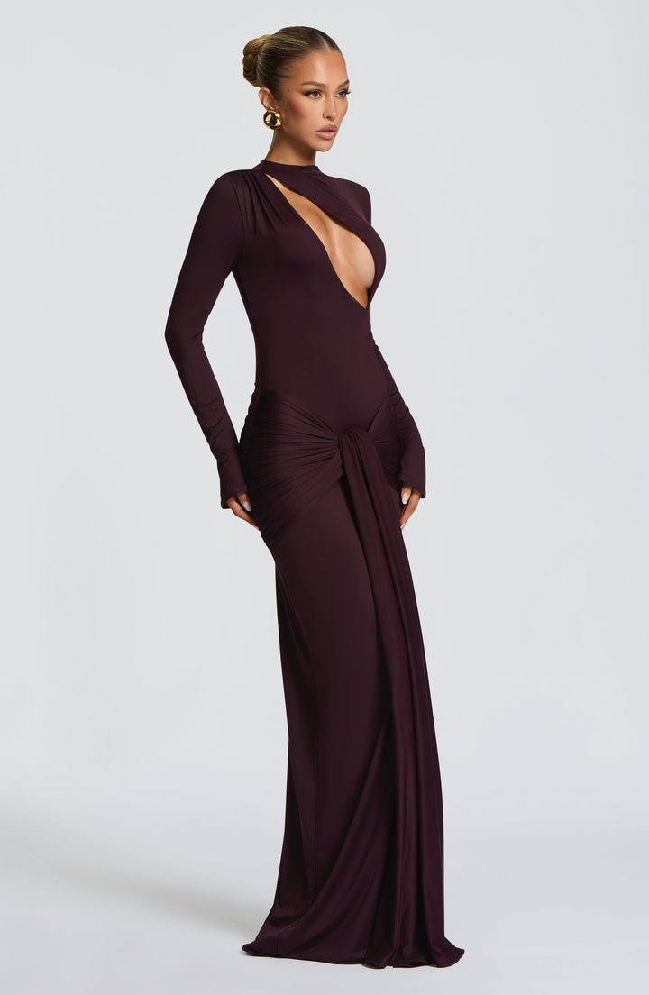 Luxury plum maxi dress for women, elegant V-neck, ideal for formal dinners and special events.
