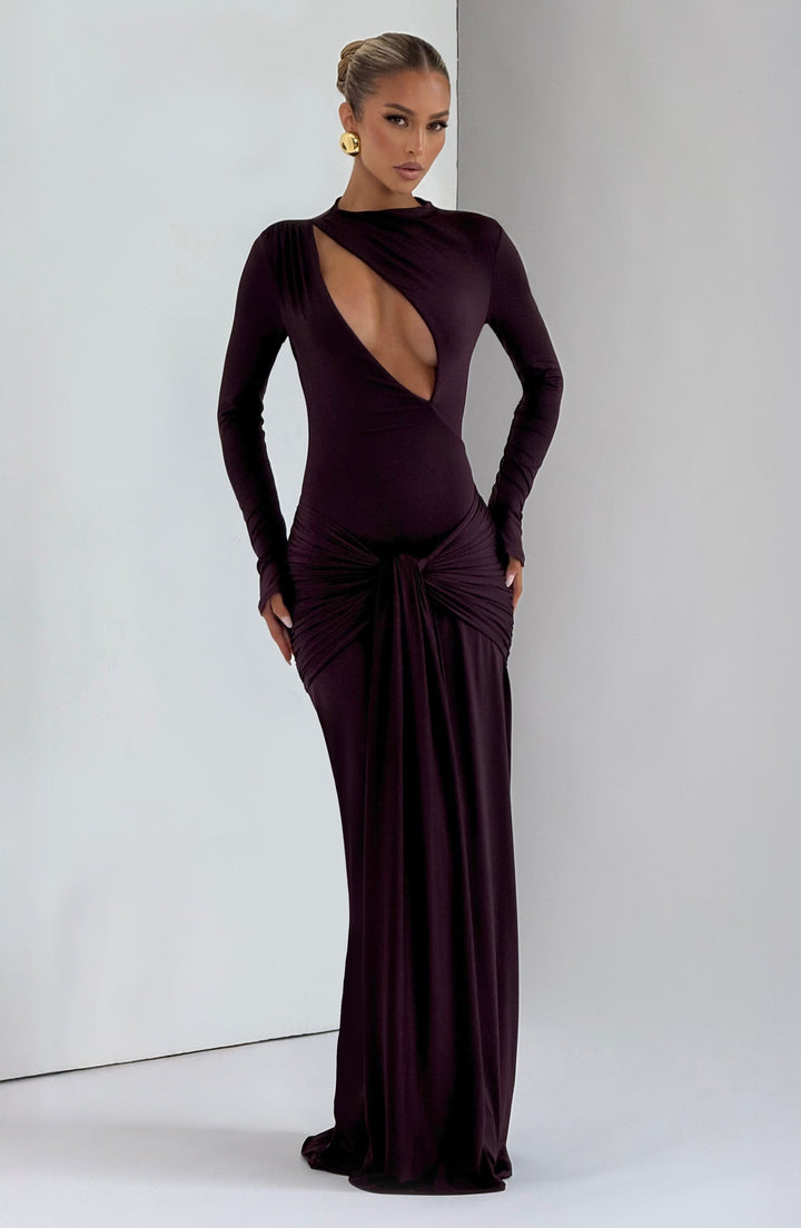 Stylish women's plum formal dress, long maxi length, V-neck, perfect for elegant evening wear.