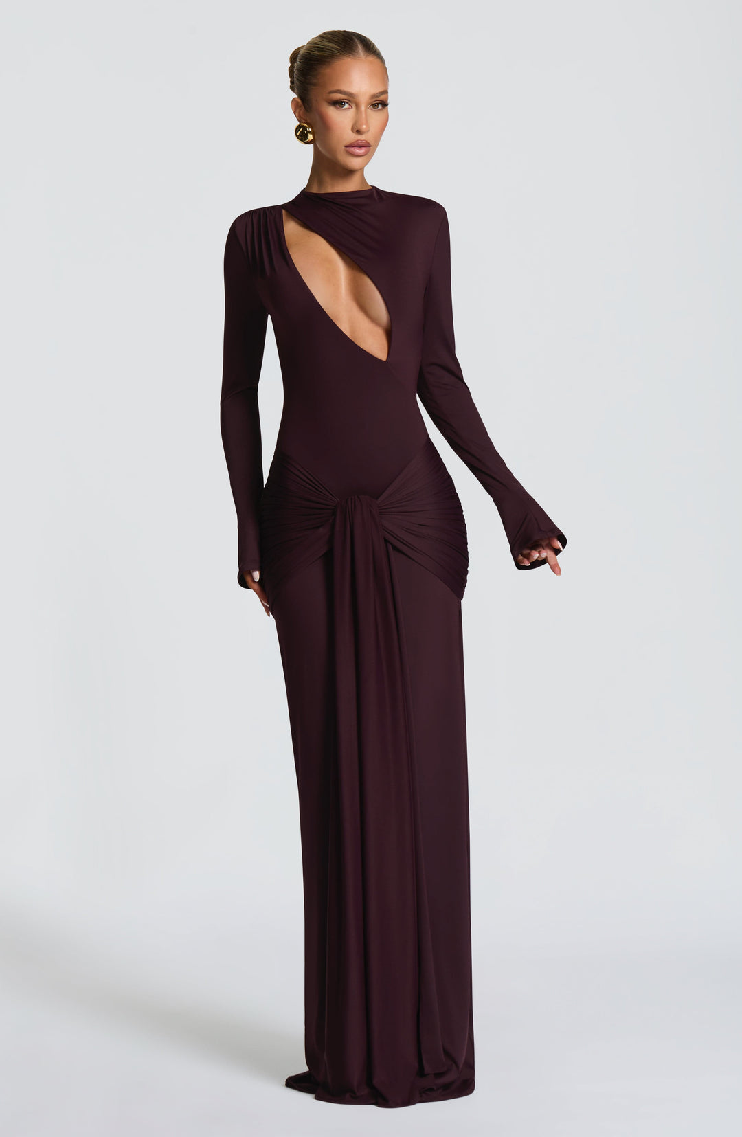 Graceful plum maxi dress, V-neck, women's evening wear, suitable for formal parties.