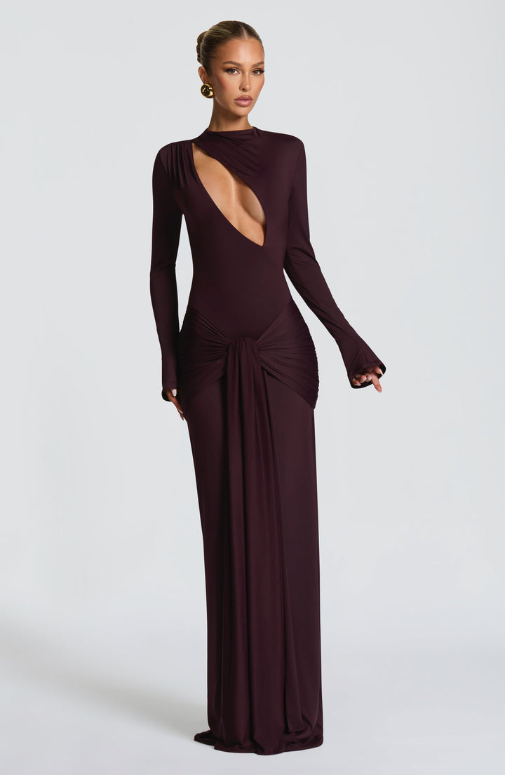 Graceful plum maxi dress, V-neck, women's evening wear, suitable for formal parties.