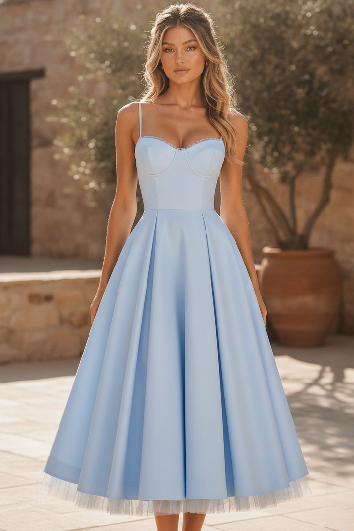 Elegant plus size corset midi dress for special occasions. Sweetheart neckline & structured bodice.