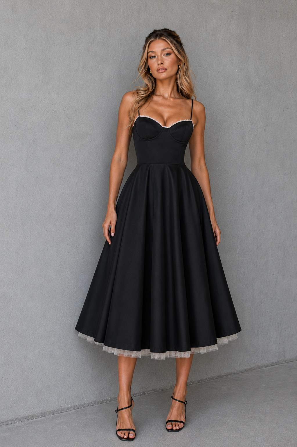 Elegant women's plus size corset midi dress with sweetheart neckline, perfect for formal occasions.