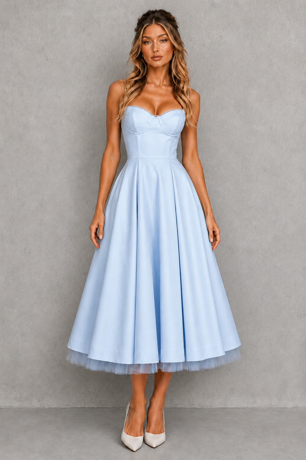 Chic plus size corset midi dress, perfect for wedding guests or formal evening events.