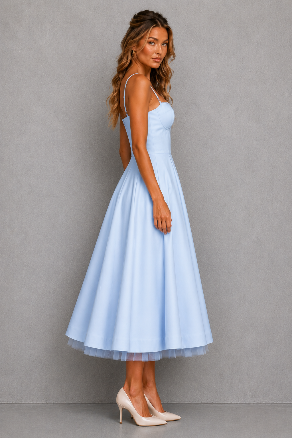 Beautiful plus size corset midi dress featuring a sweetheart neckline & structured bodice for formal wear.
