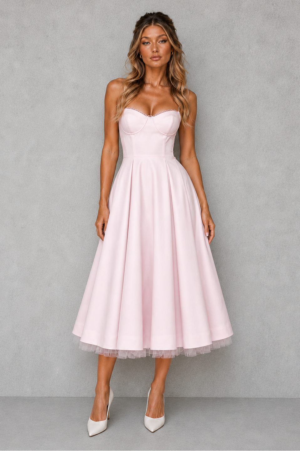 Women's elegant plus size corset midi dress with a sweetheart neckline, perfect for occasion wear.