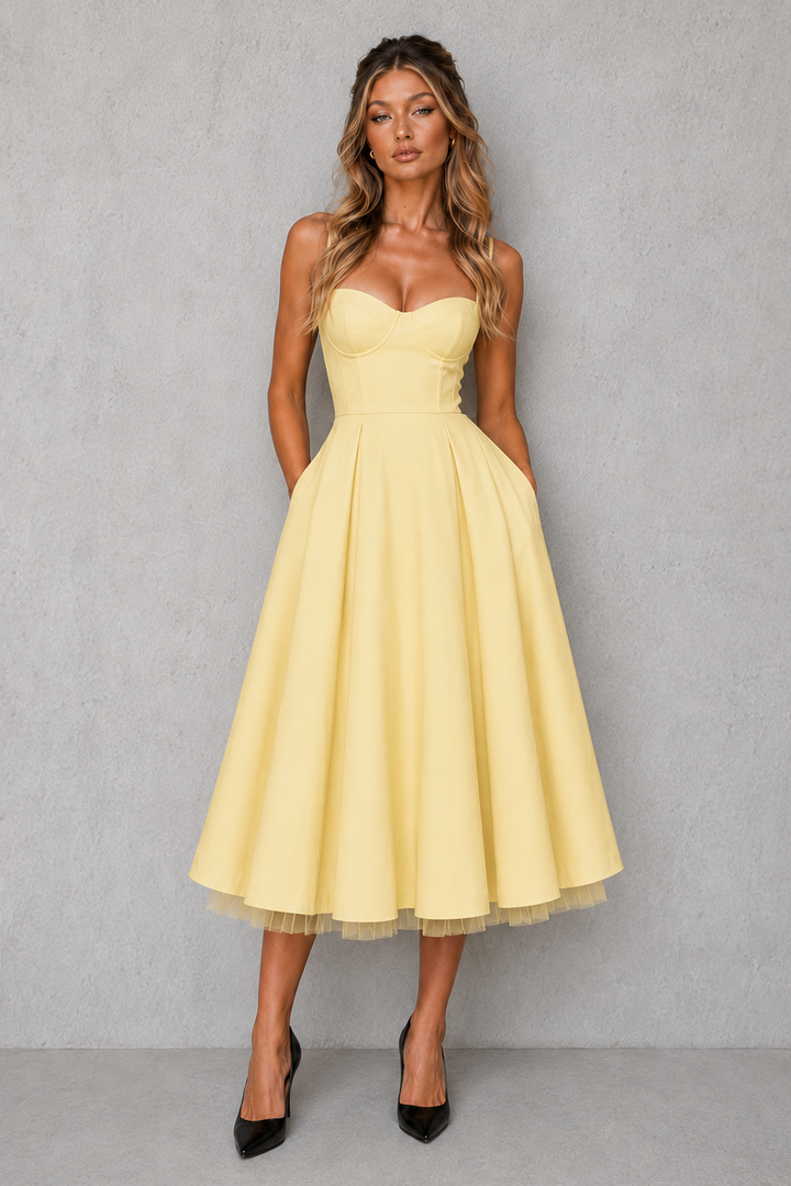 Sophisticated plus size corset midi dress with structured bodice; suitable for formal, evening, or party.