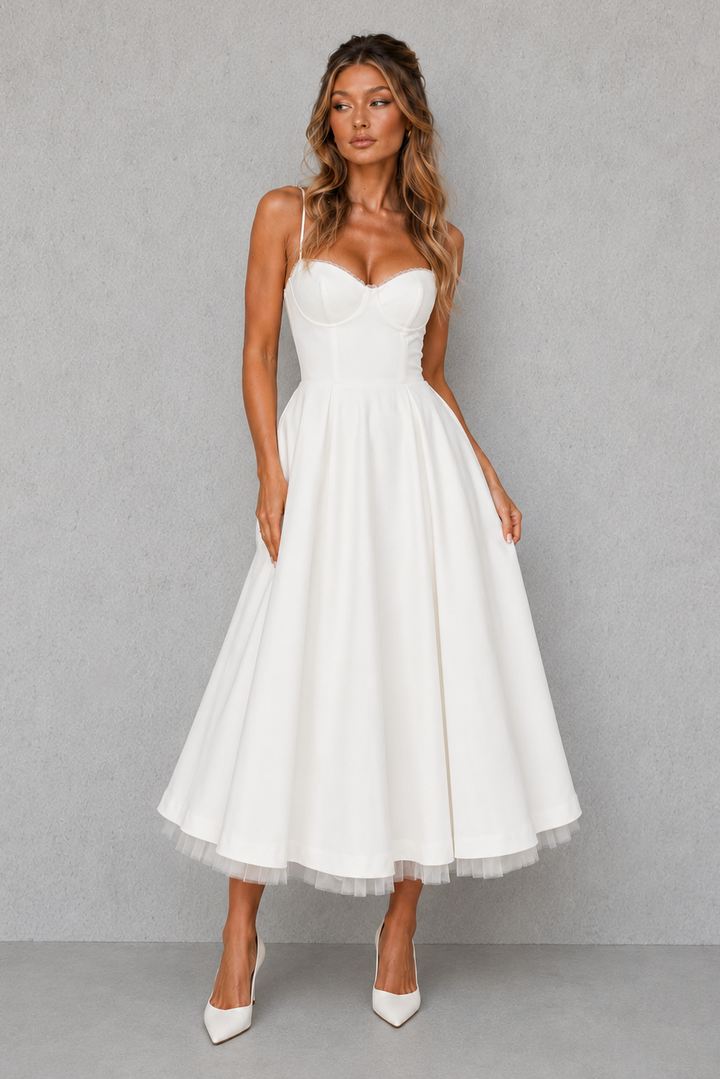 Modern yet classic plus size corset midi dress; an elegant choice for formal events & celebrations.