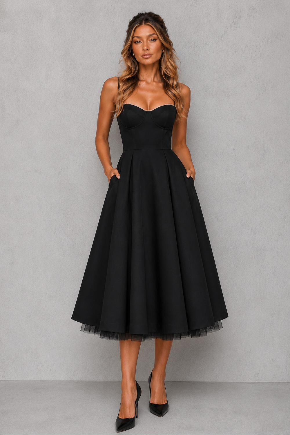 Stunning plus size corset midi dress designed for elegance & confidence at any formal occasion.