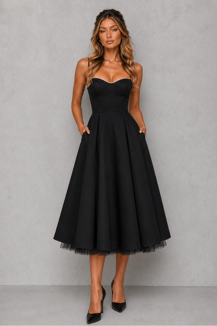 Stunning plus size corset midi dress designed for elegance & confidence at any formal occasion.