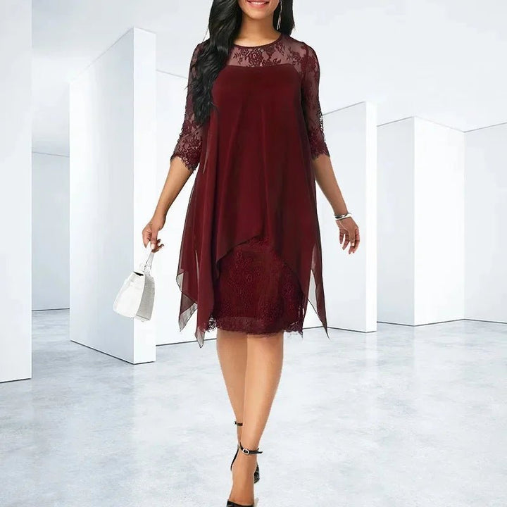 Elegant plus size women's formal lace dress with asymmetric hem, perfect for evening events, parties, or special occasions.