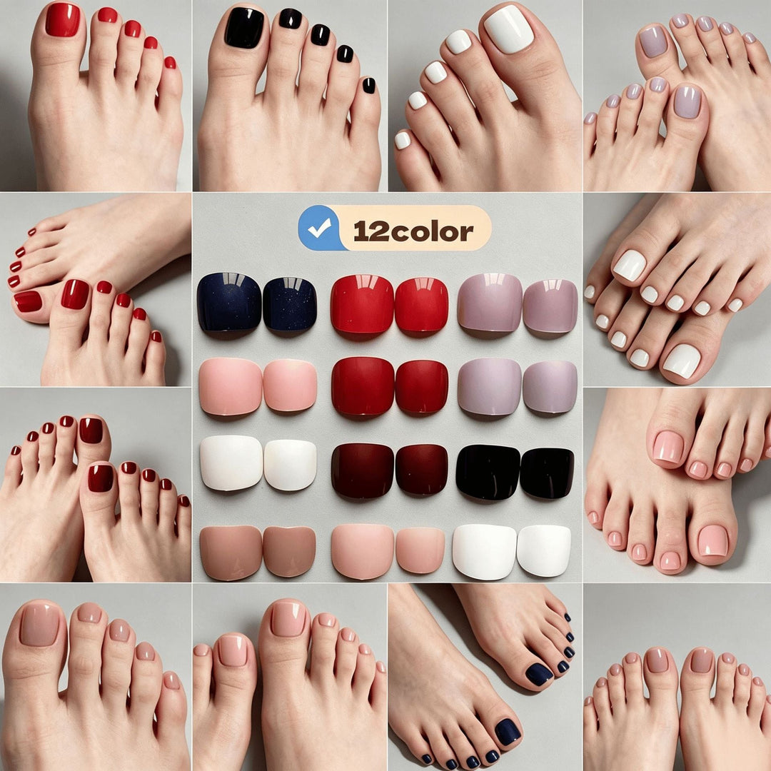 Close-up of elegant press-on nails showing multiple color options for a quick, beautiful women's manicure.