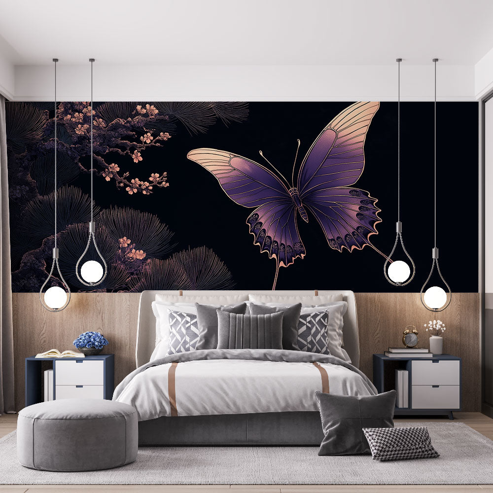 Elegant purple & gold floral butterfly wall mural. Japanese style peel & stick classical wallpaper for home decor.