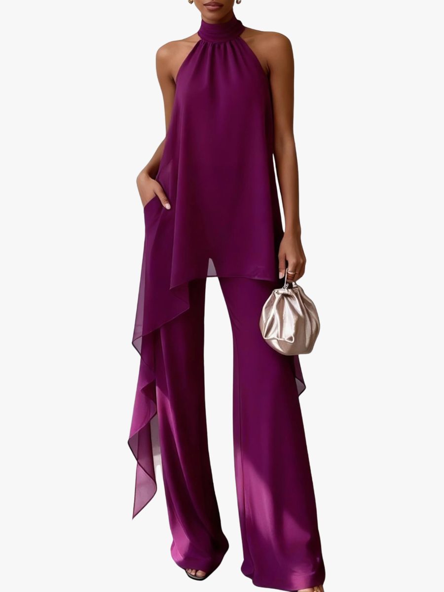 Elegant purple halterneck wide leg trouser set for women. Perfect two-piece co-ord for evening wear or cocktail parties.