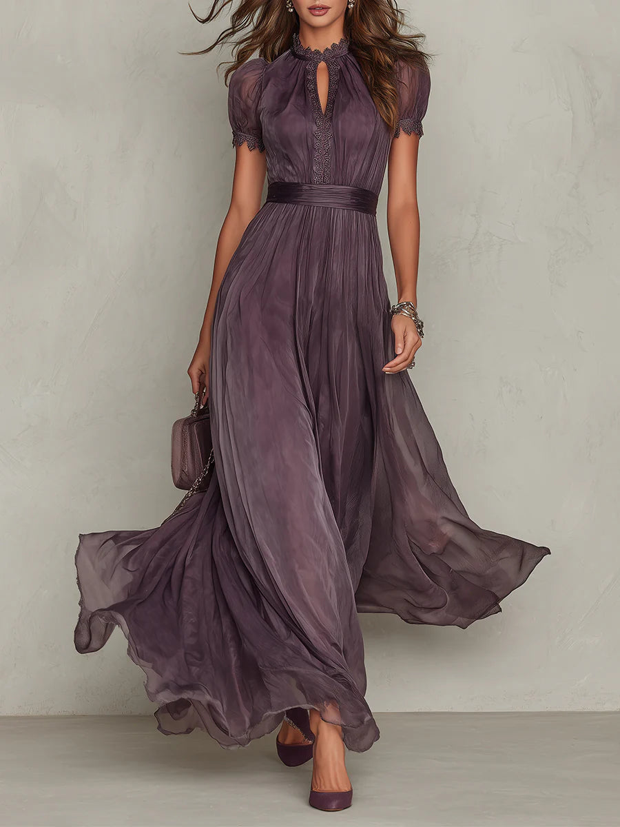 Elegant purple lace trim maxi dress for women, perfect for special occasions & evening parties. Features a flowing skirt.