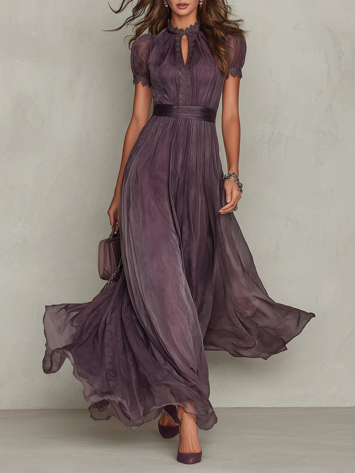 Elegant purple lace trim maxi dress for women, perfect for special occasions & evening parties. Features a flowing skirt.