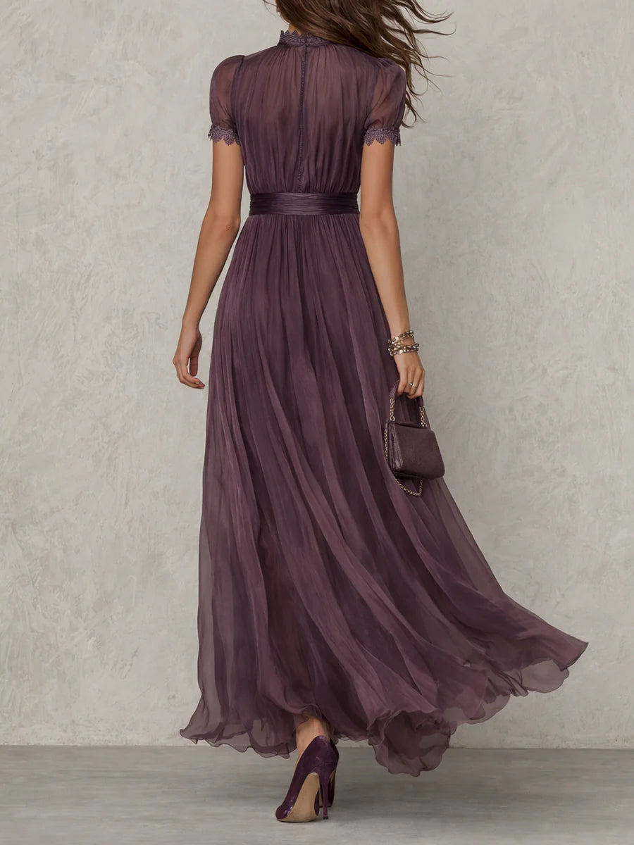 Flowing purple maxi dress for women, with elegant lace trim & gathered waist. Perfect party or evening dress.