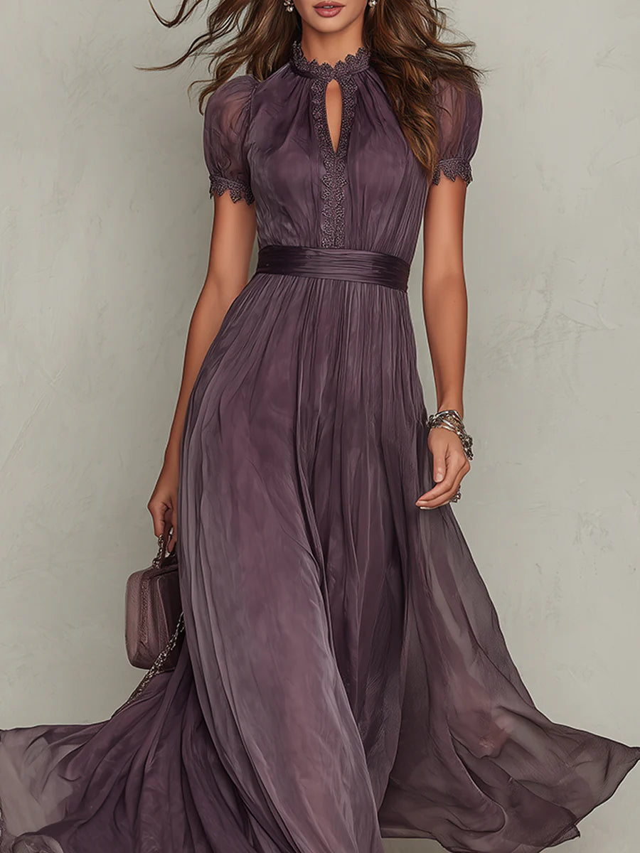 Stunning purple women's maxi dress with intricate lace detailing & flowing skirt, ideal for formal special occasions.