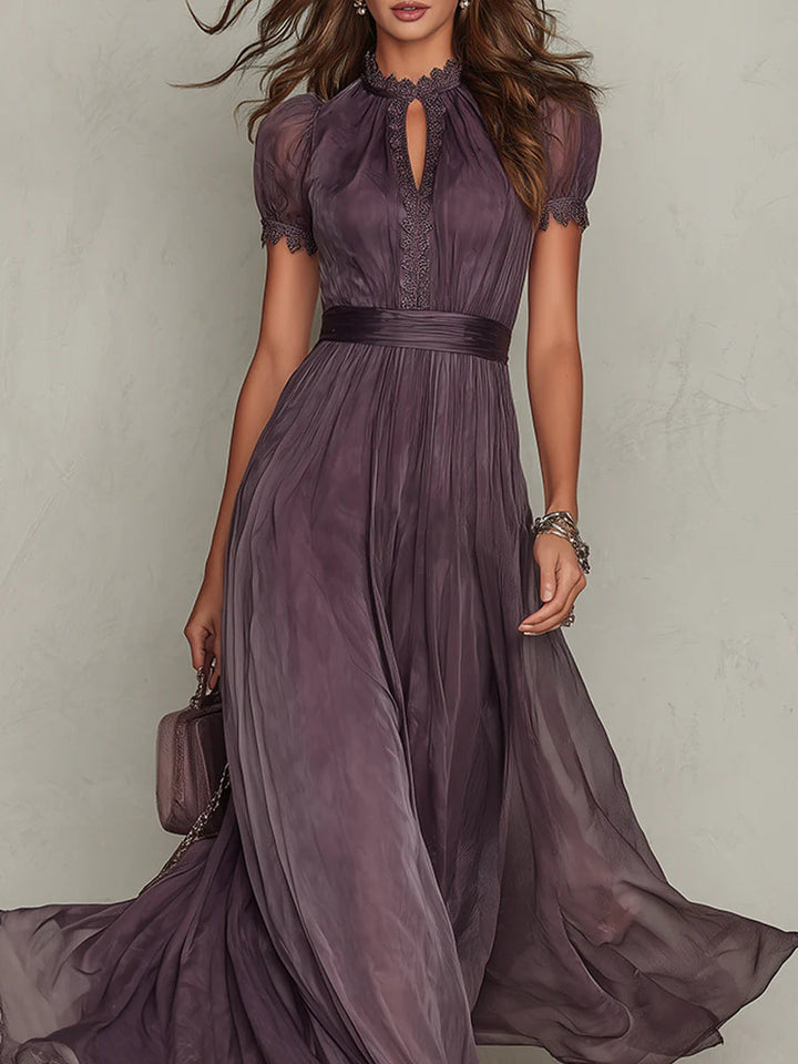 Stunning purple women's maxi dress with intricate lace detailing & flowing skirt, ideal for formal special occasions.