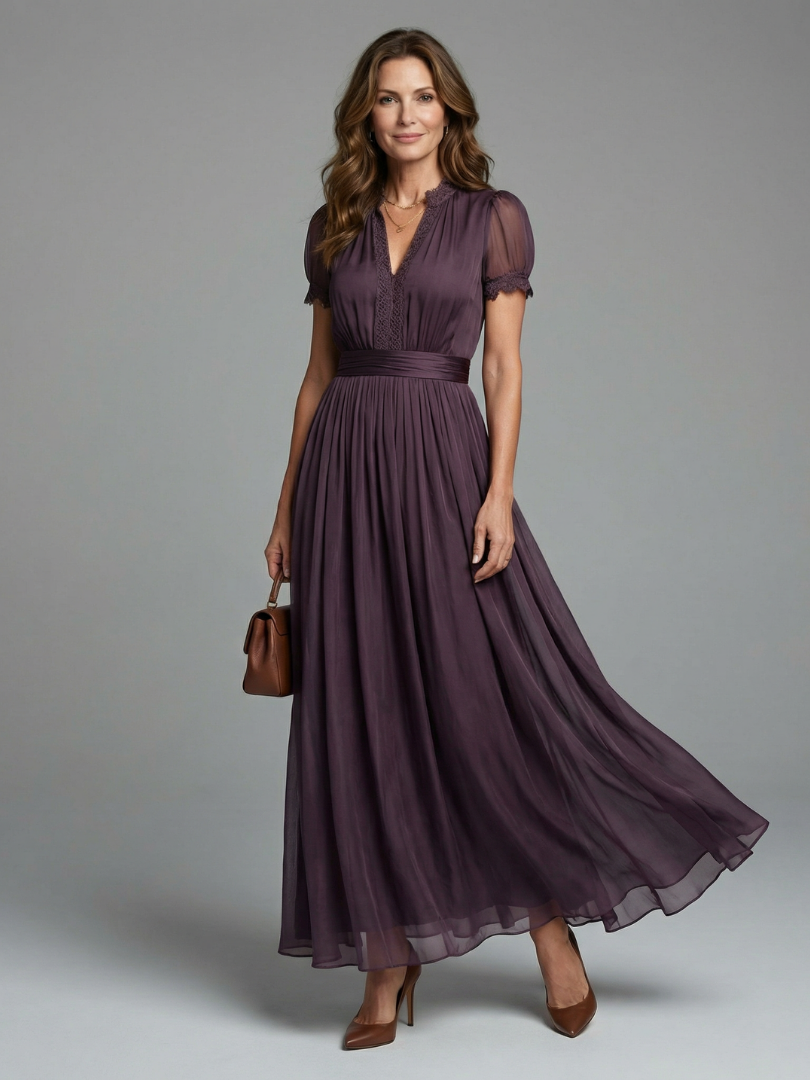 Elegant purple maxi dress for women with pleated waist & sheer long sleeves, perfect for evening or formal events.