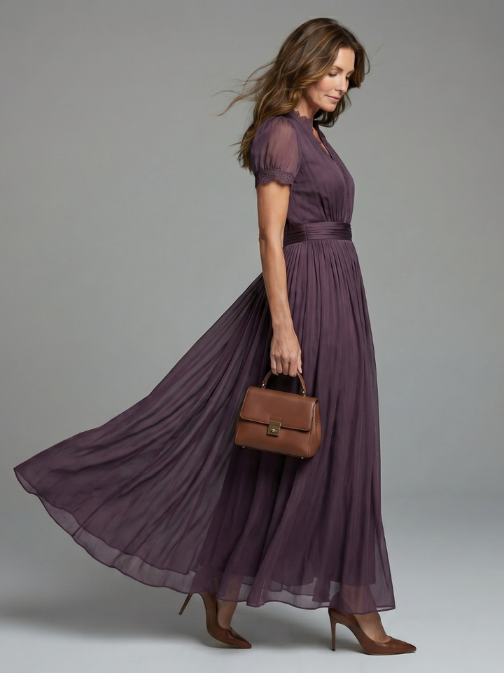 Women's V-neck maxi dress featuring a pleated waist and delicate sheer sleeves, ideal for parties & special occasions.
