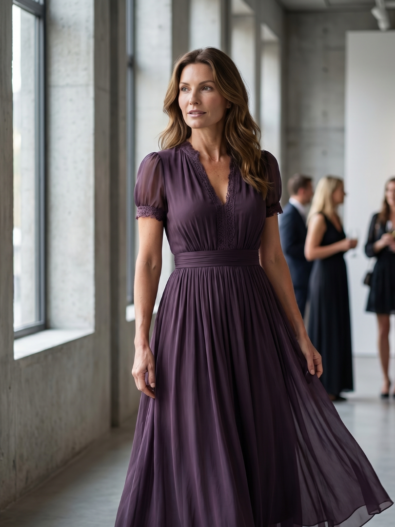 Beautiful women's purple maxi dress with a pleated waist and sheer sleeves, an elegant choice for special events.
