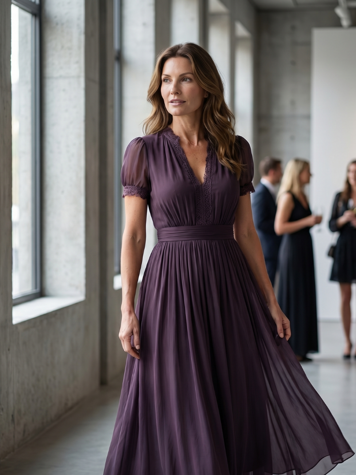 Beautiful women's purple maxi dress with a pleated waist and sheer sleeves, an elegant choice for special events.