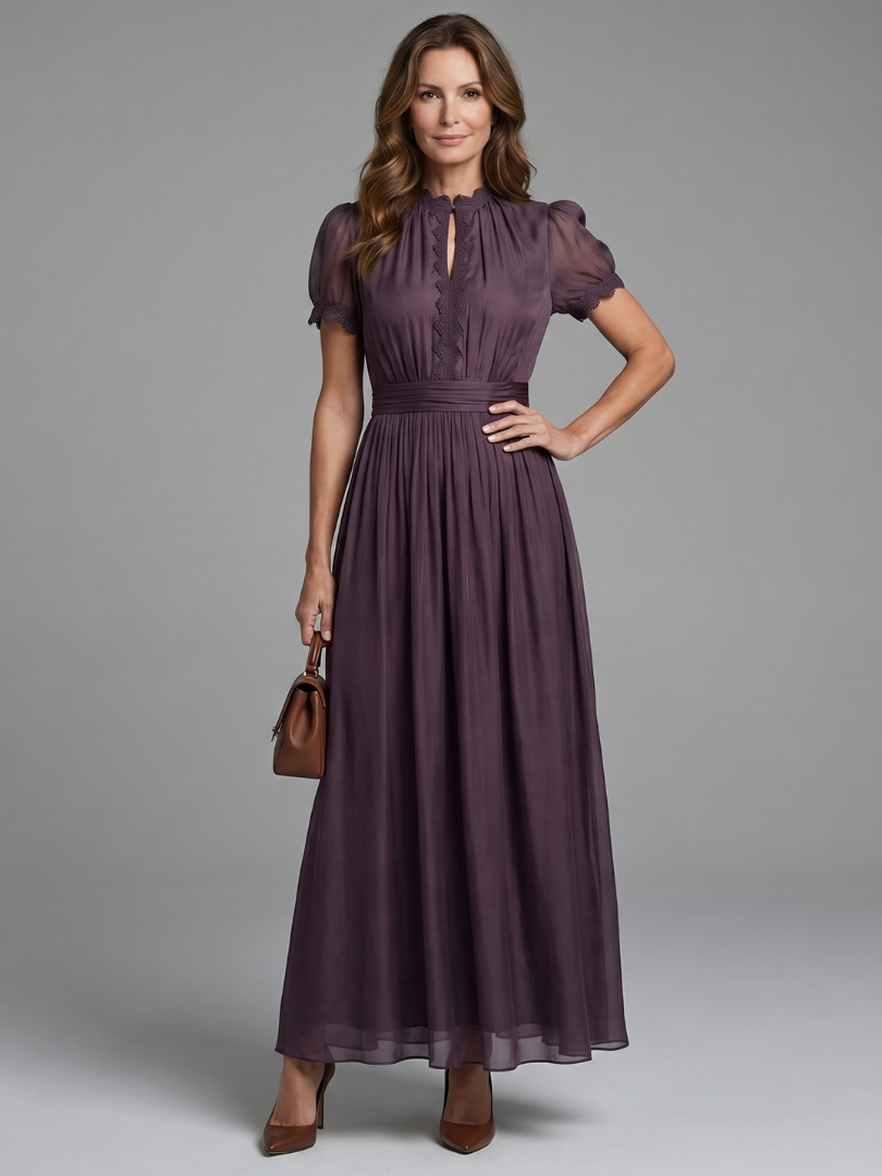 Elegant purple women's maxi dress with gathered waist & keyhole neckline, perfect for summer occasions.