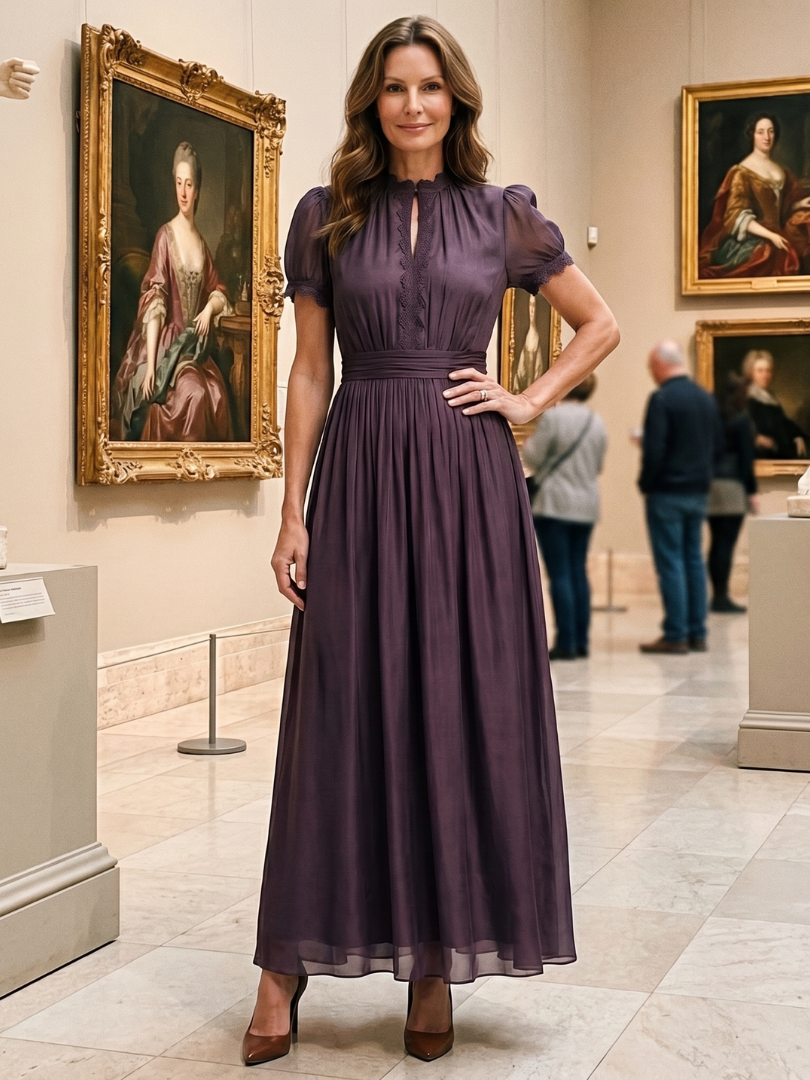 Soft flowy purple women's maxi dress. Elegant design with a gathered waist and unique keyhole neckline.