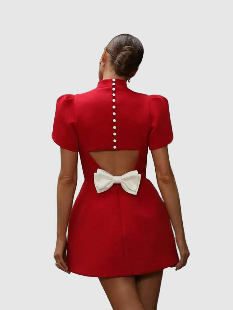 Women's elegant red party mini dress, short sleeve with tie detail, ideal for summer fashion & evening wear.