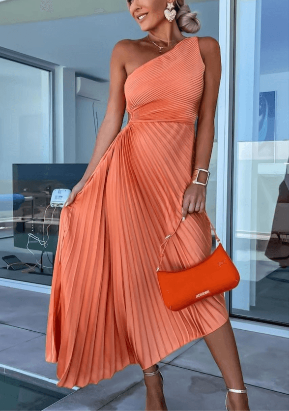 Chic pink one-shoulder pleated maxi dress for women, ideal for elegant events and evening wear.