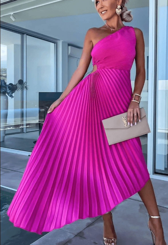Vibrant orange one-shoulder pleated maxi dress, perfect for a stylish party or special occasion.