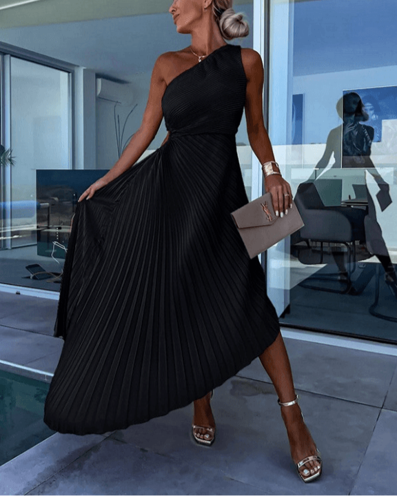 Women's elegant one-shoulder pleated maxi dress, an ideal evening gown for formal events.