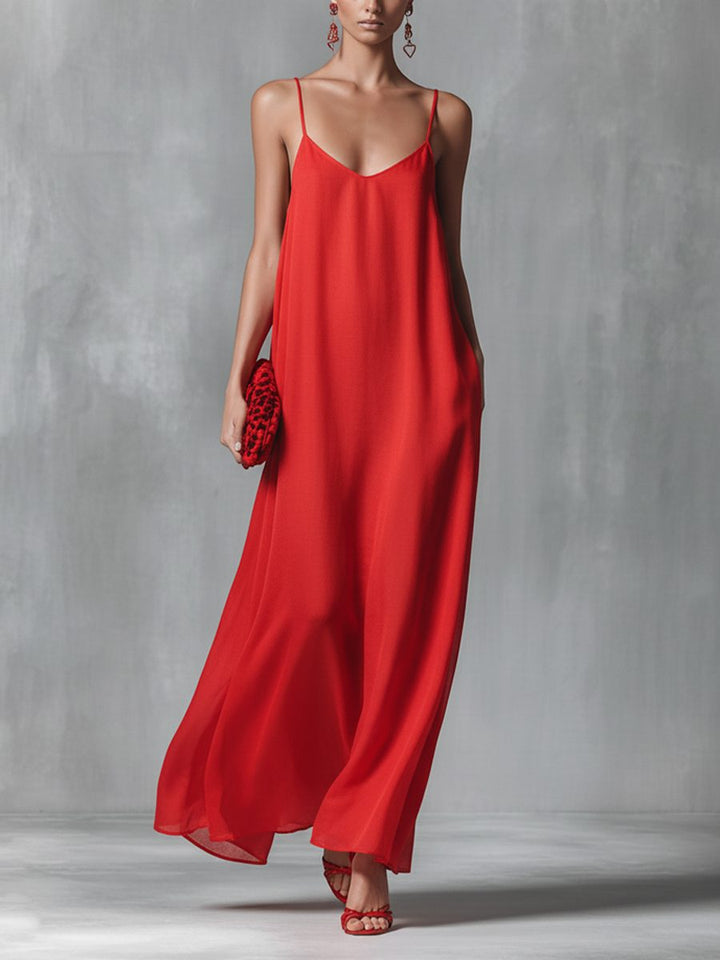 Elegant red V-neck spaghetti strap maxi dress for women, perfect for summer evenings & vacation wear.