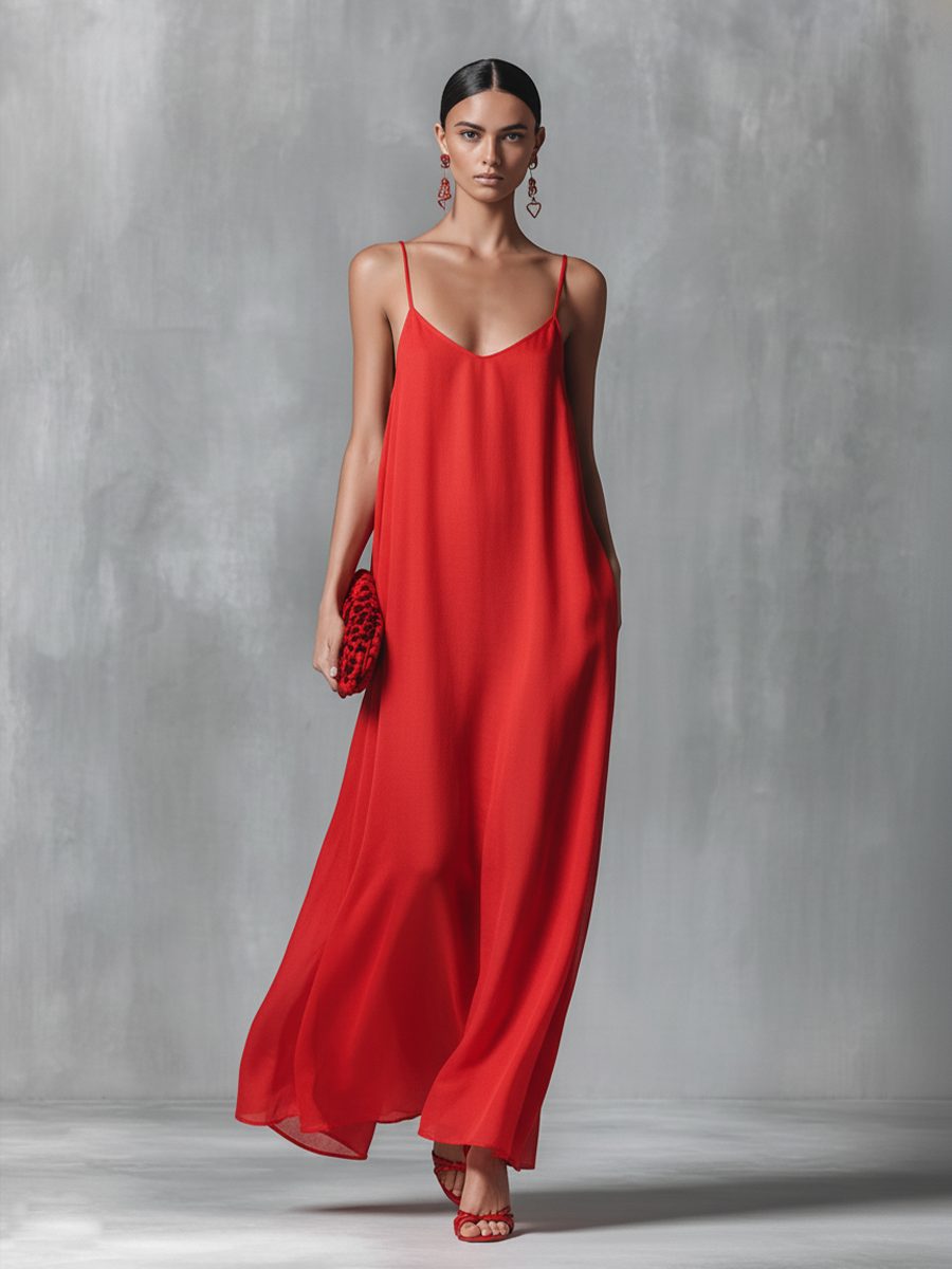 Flowing red V-neck spaghetti strap maxi dress for women, ideal as a casual summer or resort vacation dress.