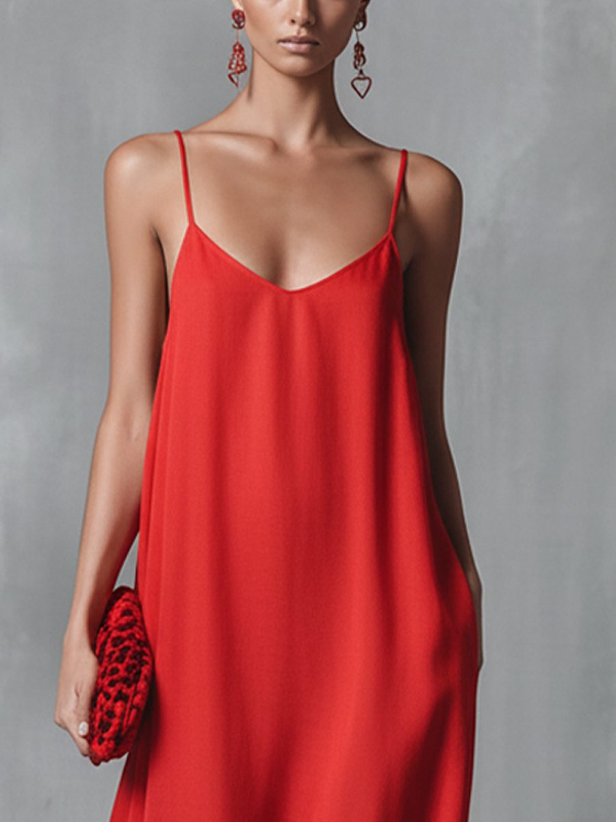 Women's V-neck red maxi dress with delicate spaghetti straps, a comfortable and stylish summer evening dress.