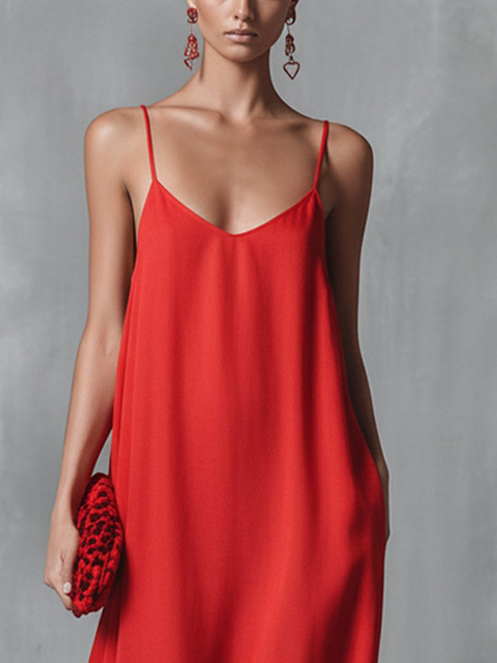 Women's V-neck red maxi dress with delicate spaghetti straps, a comfortable and stylish summer evening dress.