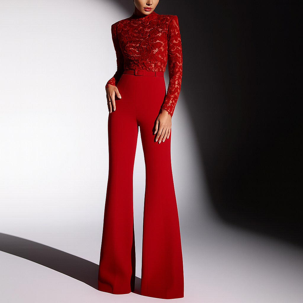 Elegant red women's jumpsuit with intricate embroidered lace top, perfect for formal events & wedding guests.