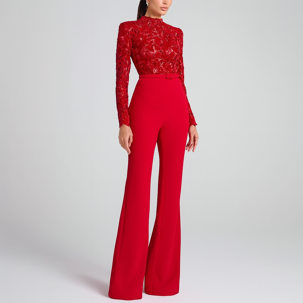 Women's red elegant lace jumpsuit with embroidered bodice & stylish flared legs, ideal for evening wear.