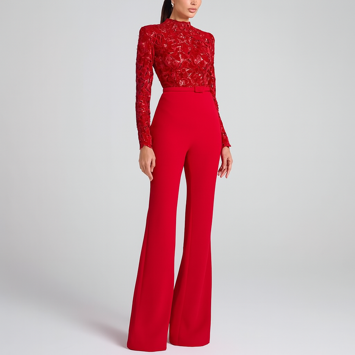 Women's red elegant lace jumpsuit with embroidered bodice & stylish flared legs, ideal for evening wear.
