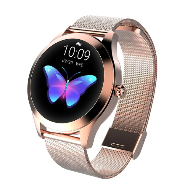 Elegant rose gold unisex smartwatch & fitness tracker. Monitors health, tracks activity. Stylish wearable tech accessory.