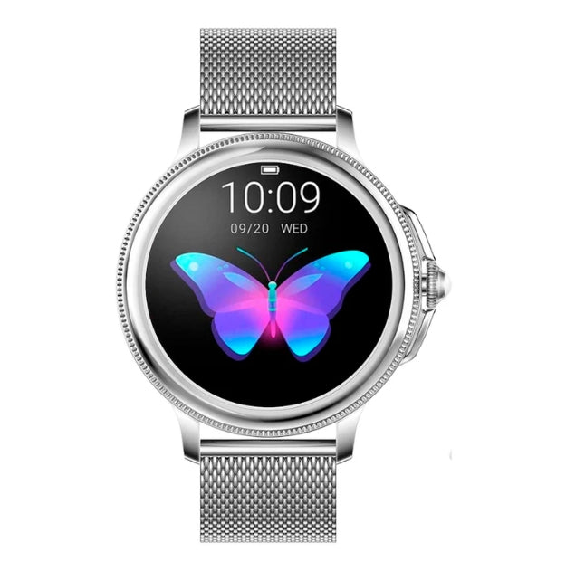Unisex steel silver smartwatch with health monitor & fitness tracking. Smart accessory for style and wellness goals.
