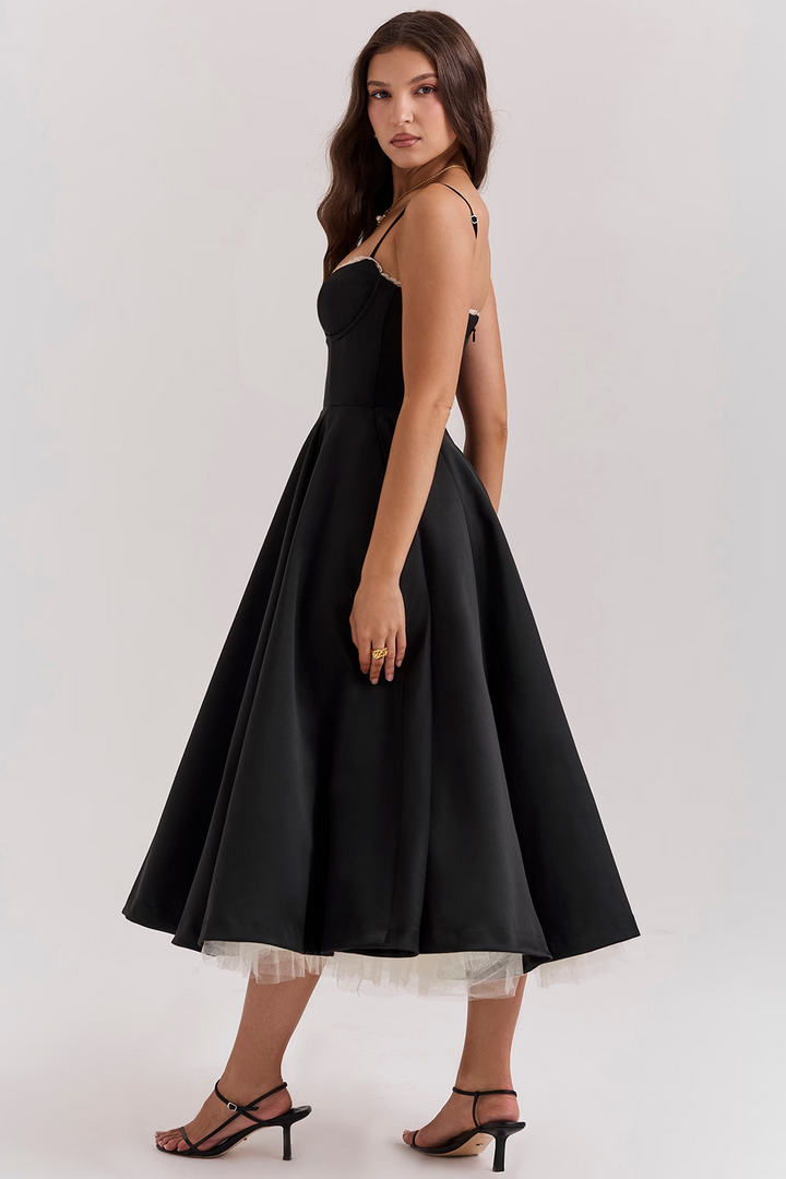 Formal women's Royale dress. Timeless black, flattering fit for evening wear, weddings & proms.